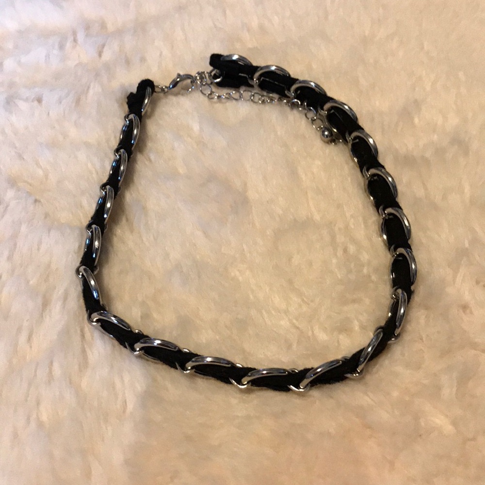 Fabric black chord metal chain choker necklace